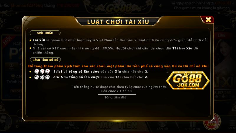 Luật chơi tài xỉu Go88 chi tiết